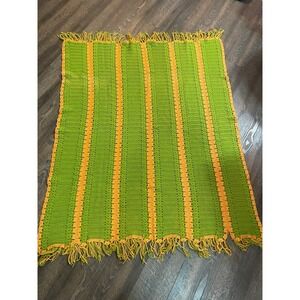 Vintage Green Yellow 70s Hand Made Afghan Throw W/ Fringe 60" x48"